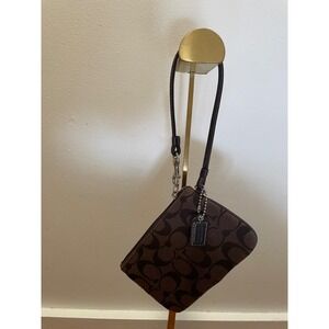 Coach Signature Jacquard Wristlet Brown Monogram Canvas Small Bag Pouch